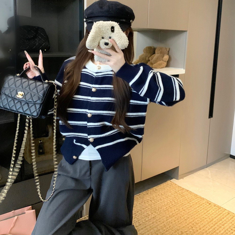 韩系小香风条纹长袖针织开衫女