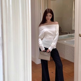 内搭可外穿打底衫 T恤女气质百搭一字肩白色上衣 设计露肩掐腰长袖