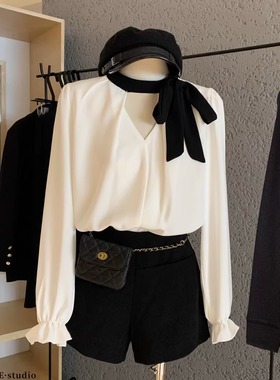 富家千金衬衣蝴蝶结v领长袖衬衫女秋御姐风白色温柔气质上衣小衫