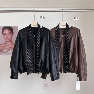 夹棉皮衣时髦波点丝巾长袖 短外套女加厚秋冬宽松洋气高级夹克上衣