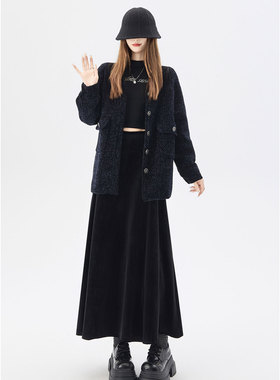 缎面黑色高腰大摆裙丝绒半身裙女秋冬新款加厚高级遮胯气质长裙子