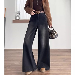 长裤 版 女高腰显瘦垂感直筒微喇叭裤 加绒加厚阔腿牛仔裤 型超好看
