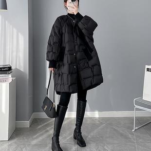 白鸭绒工厂直销时尚宽松羽绒服女冬季中长款休闲气质黑色斗篷外套