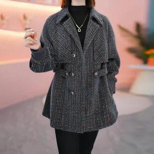 时髦时尚雪尼尔绒加厚西装领冬天外套女气质修身显瘦防风保暖上衣