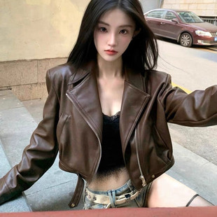 2025新款秋冬加绒加厚爆款皮衣外套女短款机车咖色小个子pu皮夹克