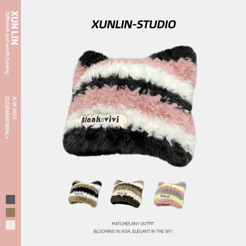 可爱猫耳朵条纹日系保暖针织帽