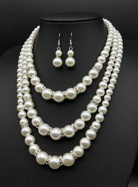 三层仿珍珠项链套装古装演出拍照走秀饰品复古项