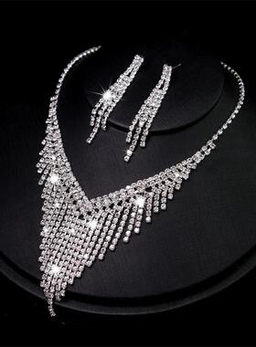 欧美新款气质潮流新娘婚纱配饰新娘套装女镶钻套链夸张项链套装