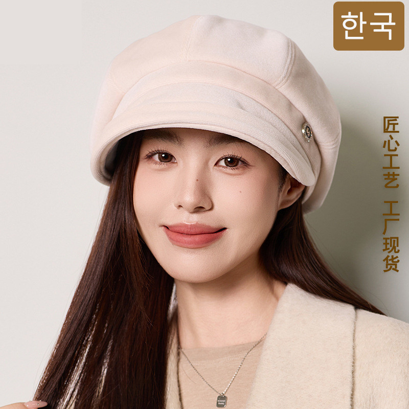 高级感气质百搭金丝绒卷边八角帽女士韩国秋冬新款纯色优雅贝雷帽