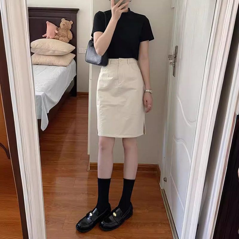 适合梨形身材的半裙胖mm显瘦遮肚牛仔中裙大码开叉女士半身裙夏天