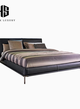 HEISHE Lcon大黑牛真皮床意式极简主卧婚床薄床头双人头层皮艺床