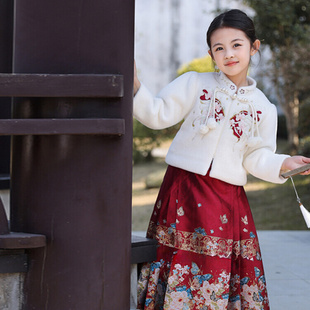 新款 马面裙女孩古风款 儿童国风织金唐装 女童汉服拜年服冬季 古装 裙