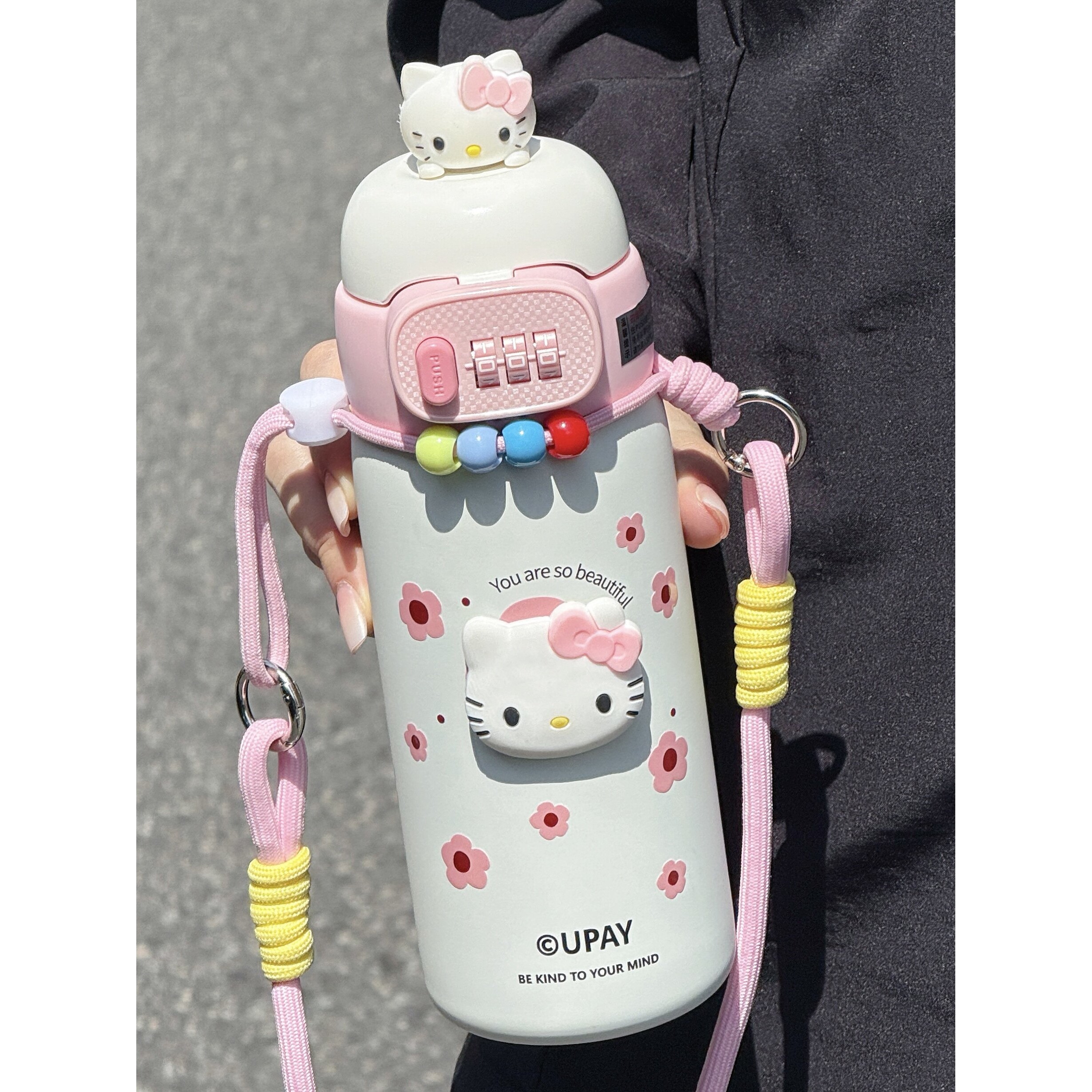 日本进口密码锁保温杯儿童指纹水杯男女孩小学生上学专用吸管便携