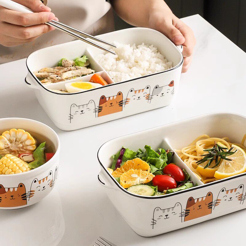 十大品牌陶瓷分格饭盒微波炉加热上班族带盖可爱卡通保鲜碗