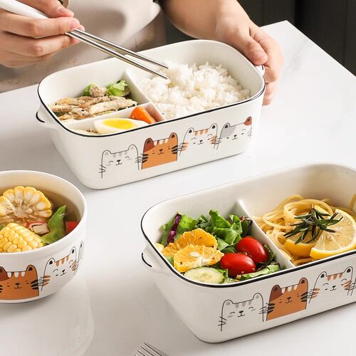 十大品牌陶瓷分格饭盒微波炉加热上班族带盖可爱卡通保鲜碗