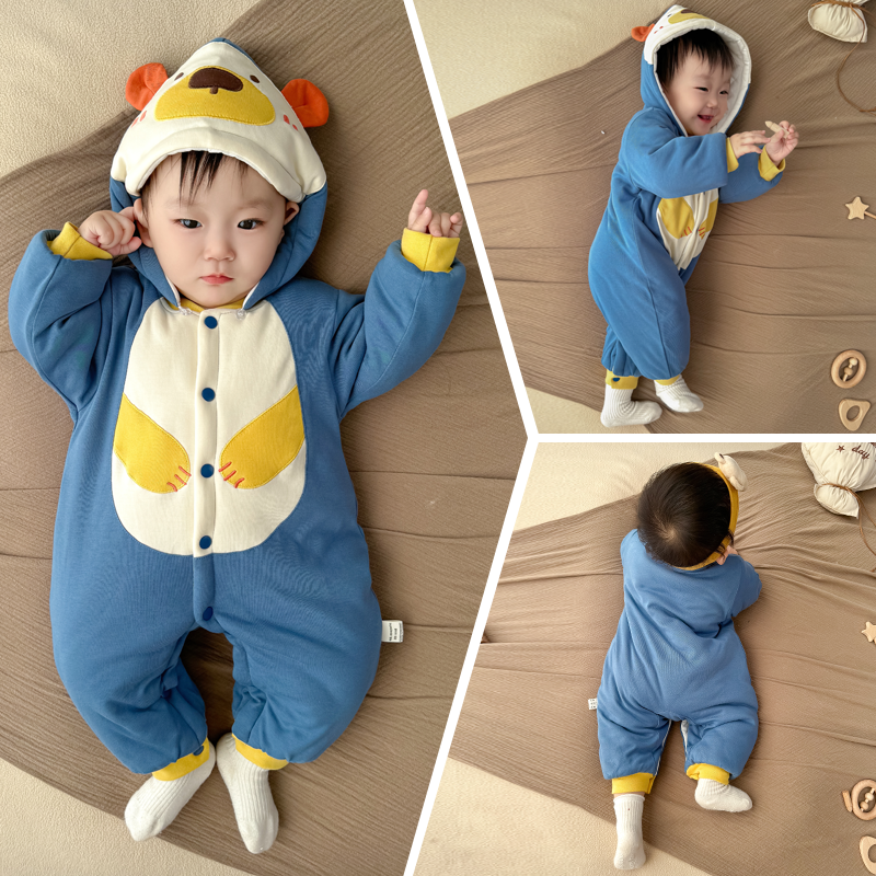 全棉纯棉婴儿秋冬季连体衣夹棉保暖加绒宝宝棉服长袖卡通超萌小熊