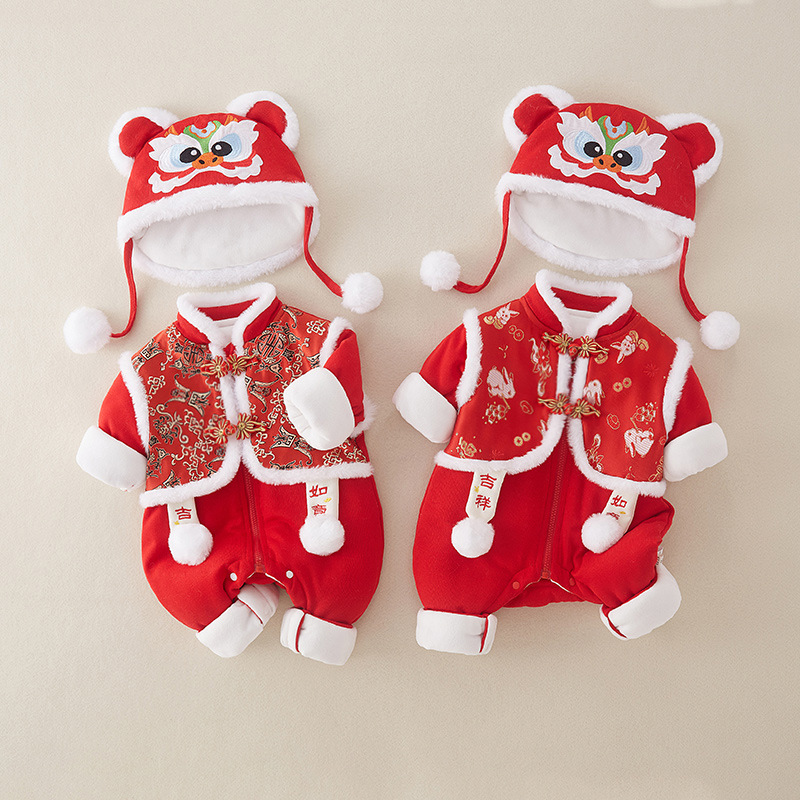 全棉纯棉婴儿a类拜年服新年过年衣服过年服冬季加绒宝宝红色爬服
