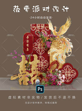 新中式红色金箔婚房布置订婚宴回门答谢宴迎宾水牌凤凰设计素材PS