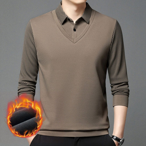 加绒加厚假两件男士保暖polo