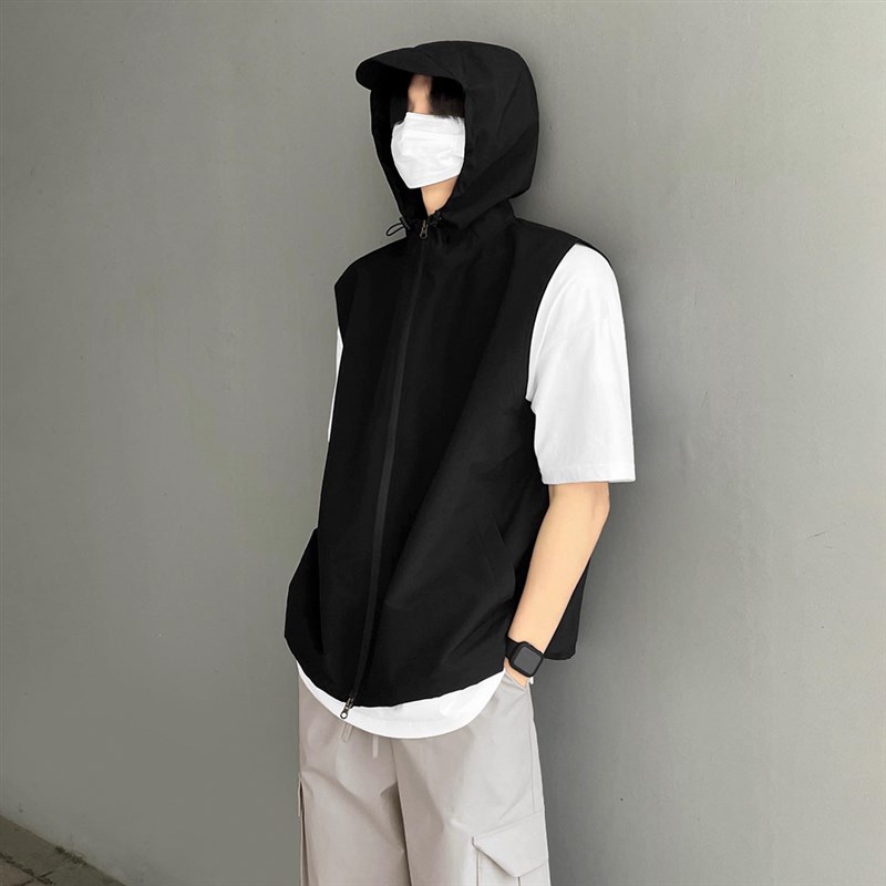 MRCYC夏季薄款小众设计感无袖连帽马甲男款美式复古纯色坎肩外套