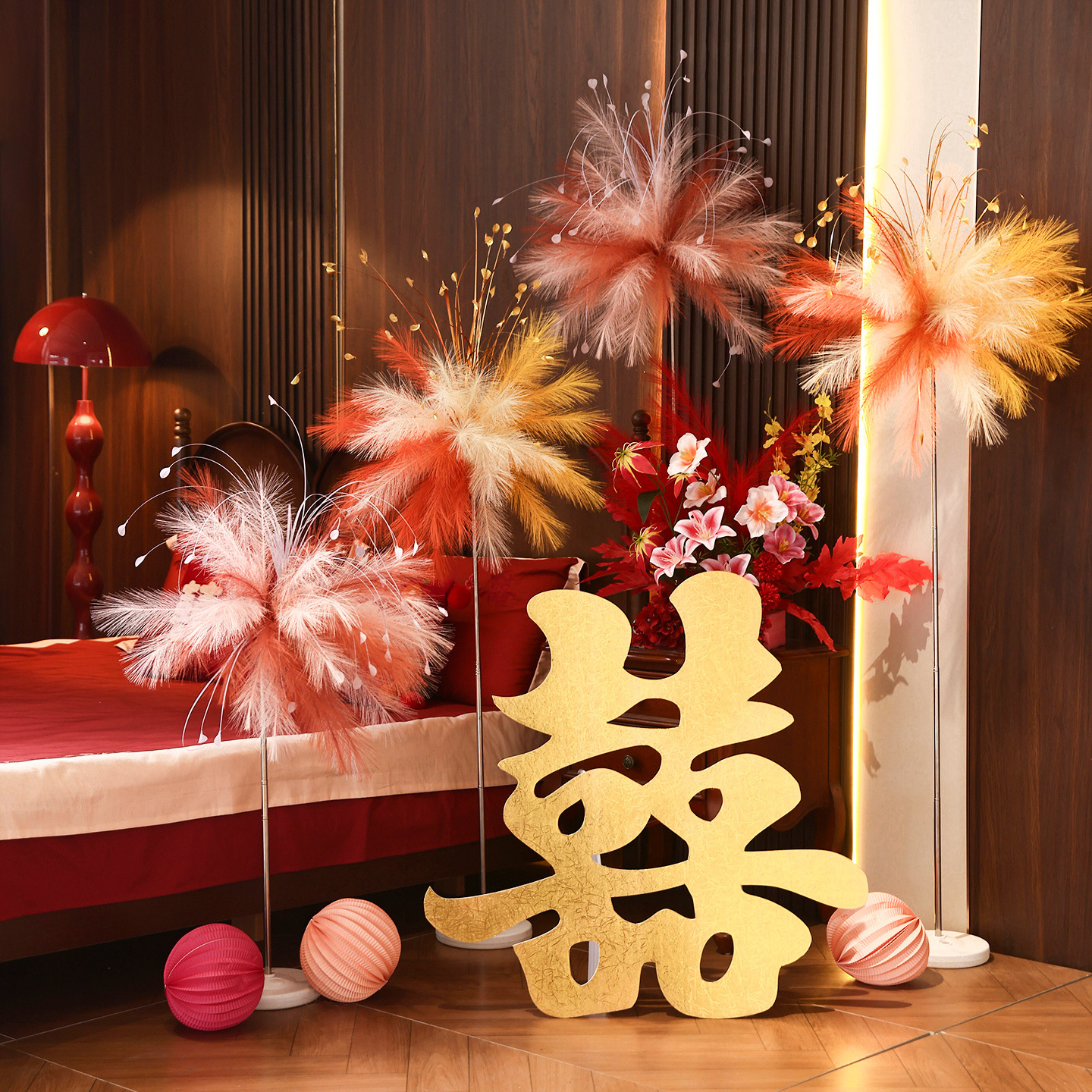 婚房布置套装结婚订婚客厅卧室烟花芦苇路引摆件喜字背景拍照道具