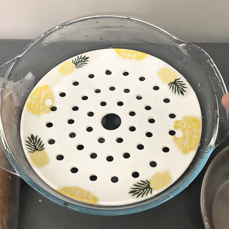 微波炉蒸笼陶瓷玻璃蒸笼加热专用食品级耐高温双耳带盖家用蒸格盘