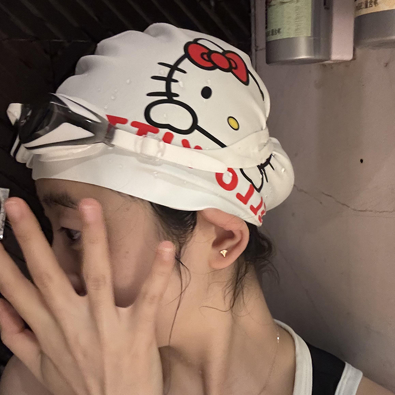 哈喽kt泳帽女款专用防水不勒头长发大头围高弹性可爱游泳帽高颜值
