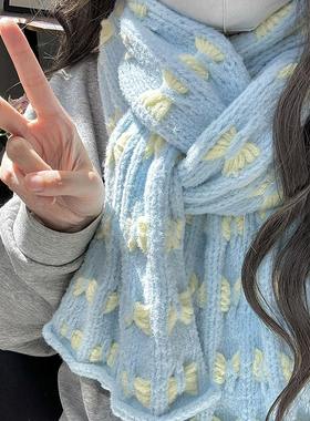 蓝色围巾毛线手工diy编织蝴蝶结云朵绵棉围脖材料包冬保暖送女友