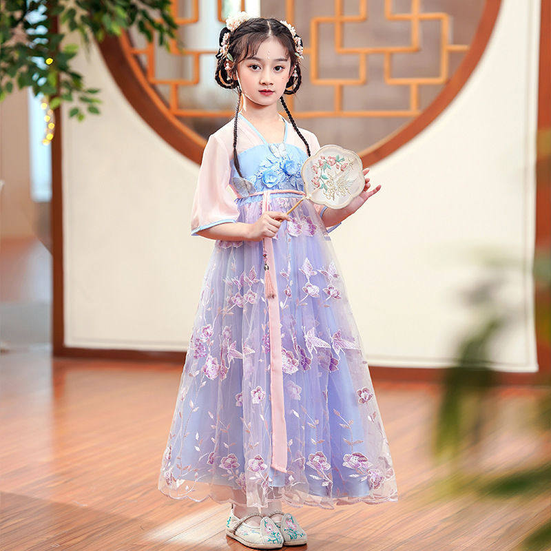 女童汉服走秀短袖古风唐装公主裙古装2023春装新款童装夏季女童中