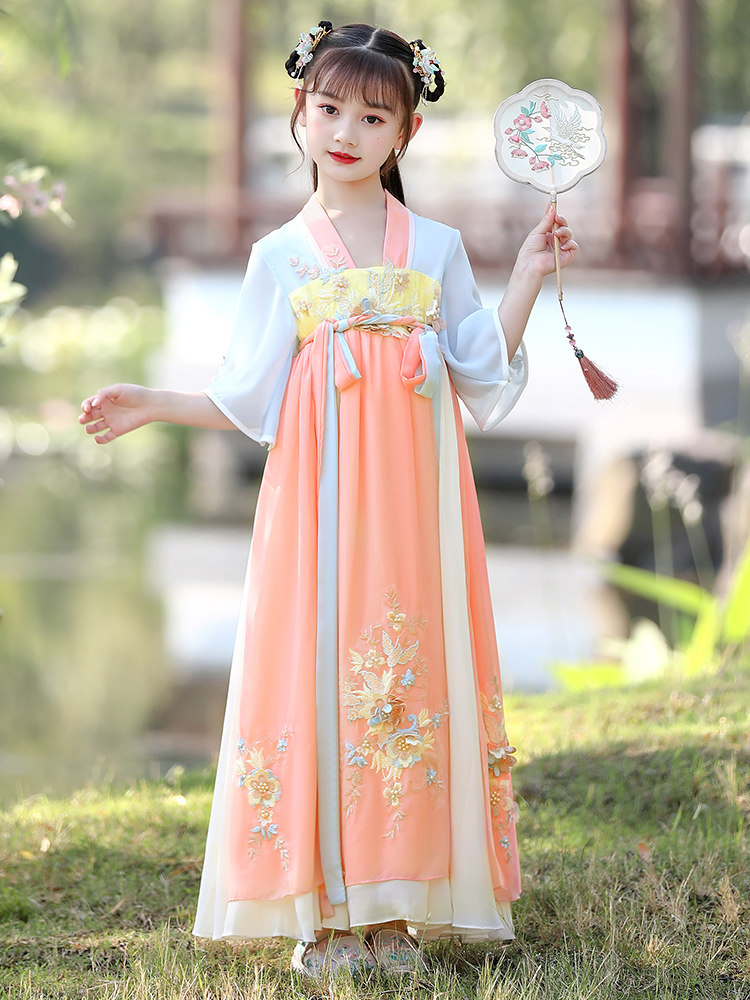 女童汉服走秀唐装连衣裙小女孩夏季短袖古风唐装公主裙童装夏季女