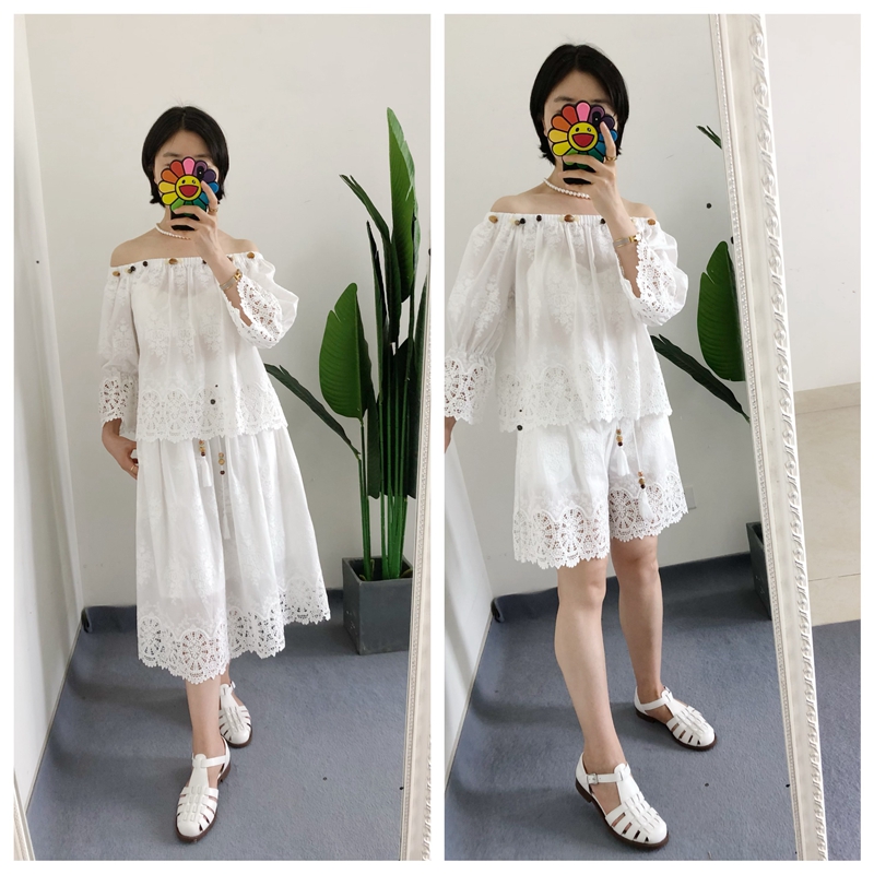 断码折 买手店od**度假风一字领蕾丝花边刺绣衬衫上衣 半身裙