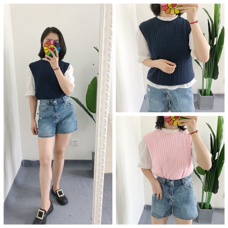 买手店 rose细麻花纯棉绞花针织背心马甲翻领麻花开衫上衣outlets