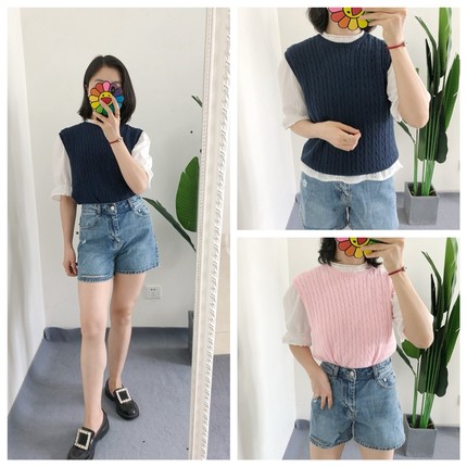 买手店 rose细麻花纯棉绞花针织背心马甲翻领麻花开衫上衣outlets