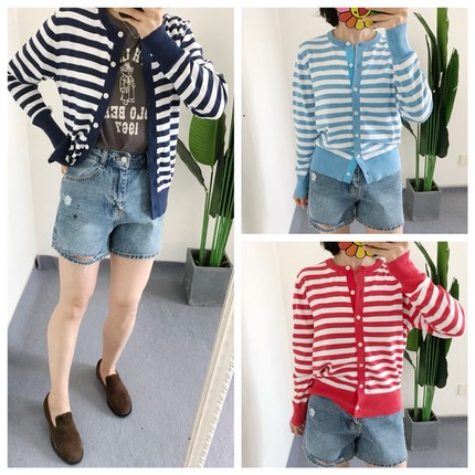 清 换 买手店 长袖条纹比马棉平纹针织开衫上衣outlets