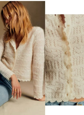 买手店sez@ne 法式钩花奶白色花边系扣羊毛针织开衫