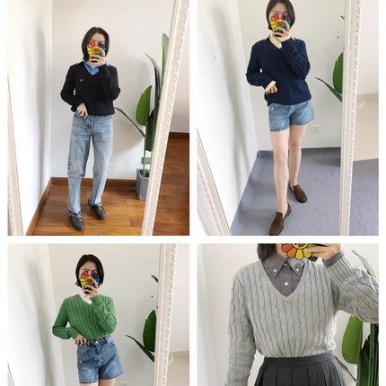 2025年新货 买手店 女V领纯棉绞花针织套头衫经典麻花毛衣长袖