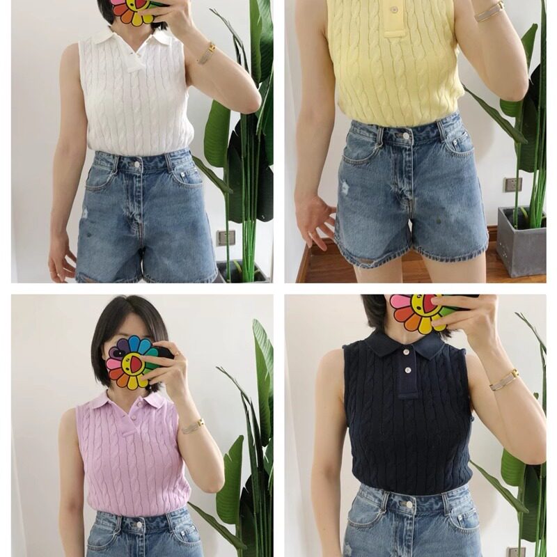 清货  买手店 无袖做旧纯棉绞花翻领针织衫女outlets