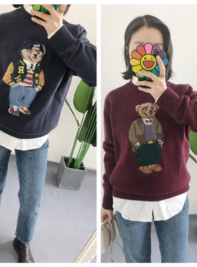 断码折买手店男款小熊嵌花刺绣90羊毛10羊绒圆领针织套头毛衣情侣