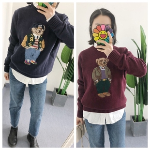 买手店 男款polo小熊嵌花刺绣90羊毛10羊绒圆领针织套头毛衣 情侣