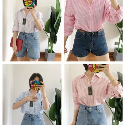 清 买手店条纹亚麻衬衫刺绣长袖宽松衬衫男女outlets