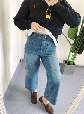 买手店 sess*n 娜扎 savi同款 法式双口袋复古直筒牛仔裤九分裤