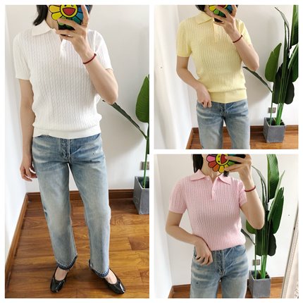 买手店 女款修身翻领刺绣细麻花纯棉绞花针织衫短袖上衣