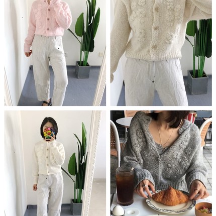 原标 买手店REL 宋慧乔手工刺绣花朵毛衣短羊毛针织开衫