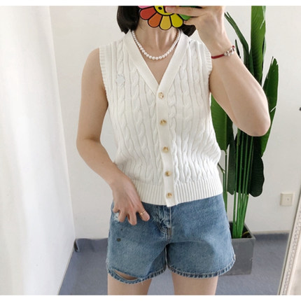 买手店 大童款 V领纯棉绞花麻花针织马甲无袖开衫上衣