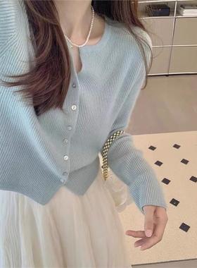 温柔风针织开衫女2023年新款春秋装复古圆领减龄修身显瘦短款上衣