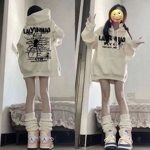 上衣 连帽卫衣女oversize宽松韩版 美式 复古hiphop字母蜘蛛印花长袖