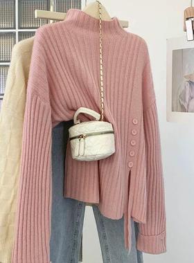 胖mm2-300斤大码粉色不规则半高领针织衫毛衣女秋冬内搭打底上衣