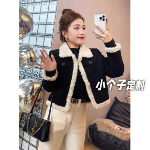 150小矮个子高级感外套女秋冬加厚短款上衣拼接夹克棉服皮毛一体