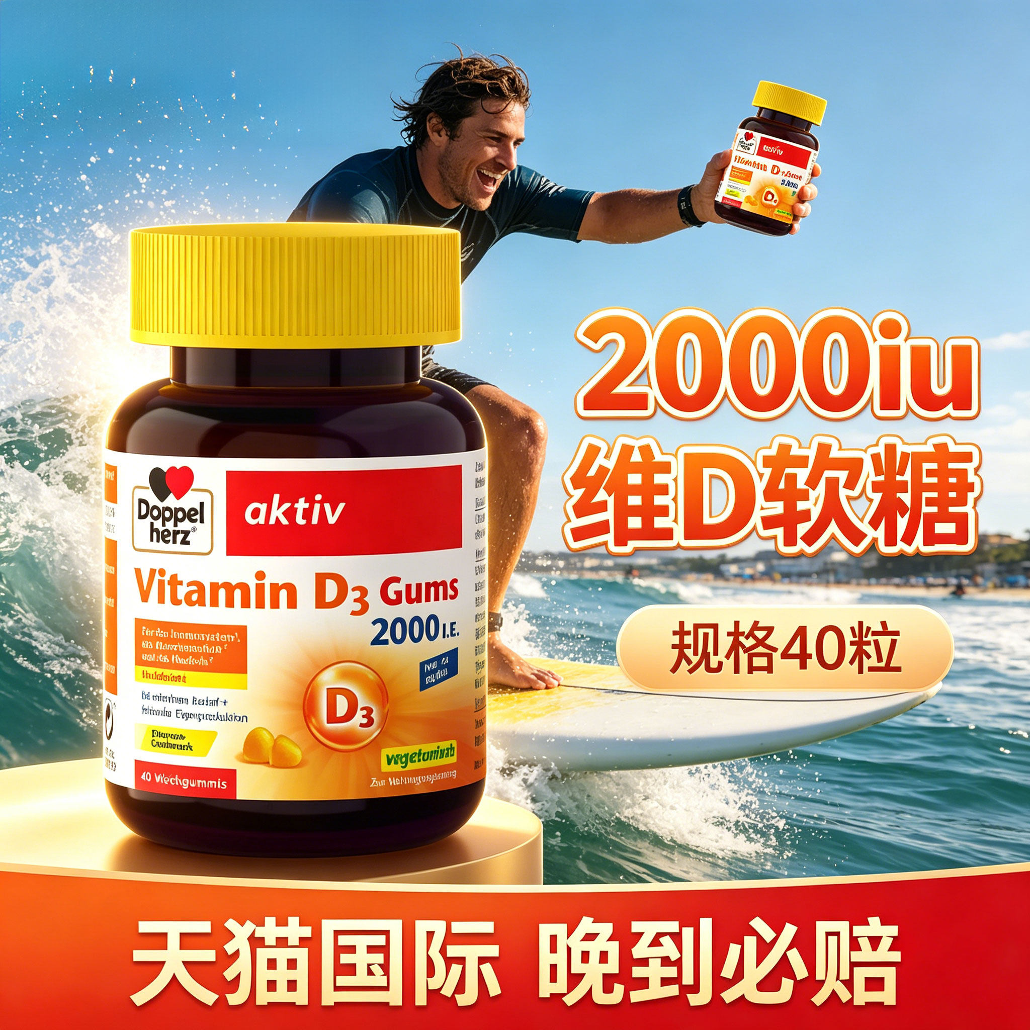 德国原装进口双心维生素D3柠檬味软糖Vitamin D3成人2000维他命d3