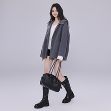 小鹿的泡芙 塔克女孩小灰25冬新款女深灰色山羊绒双短款连帽大衣